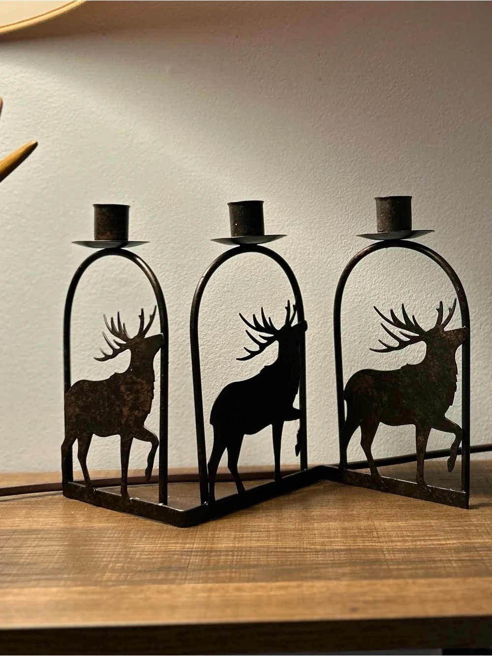 Festive Rustic Metal Cabin Buck Deer Triple Candlestick Holder